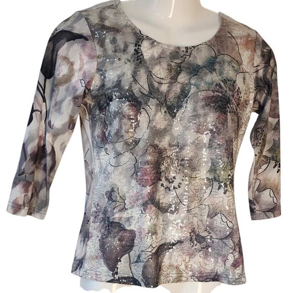 Impulse California Sequin Sparkly Floral Top 3/4 Sleeve Blouse Women's Small - Picture 1 of 9